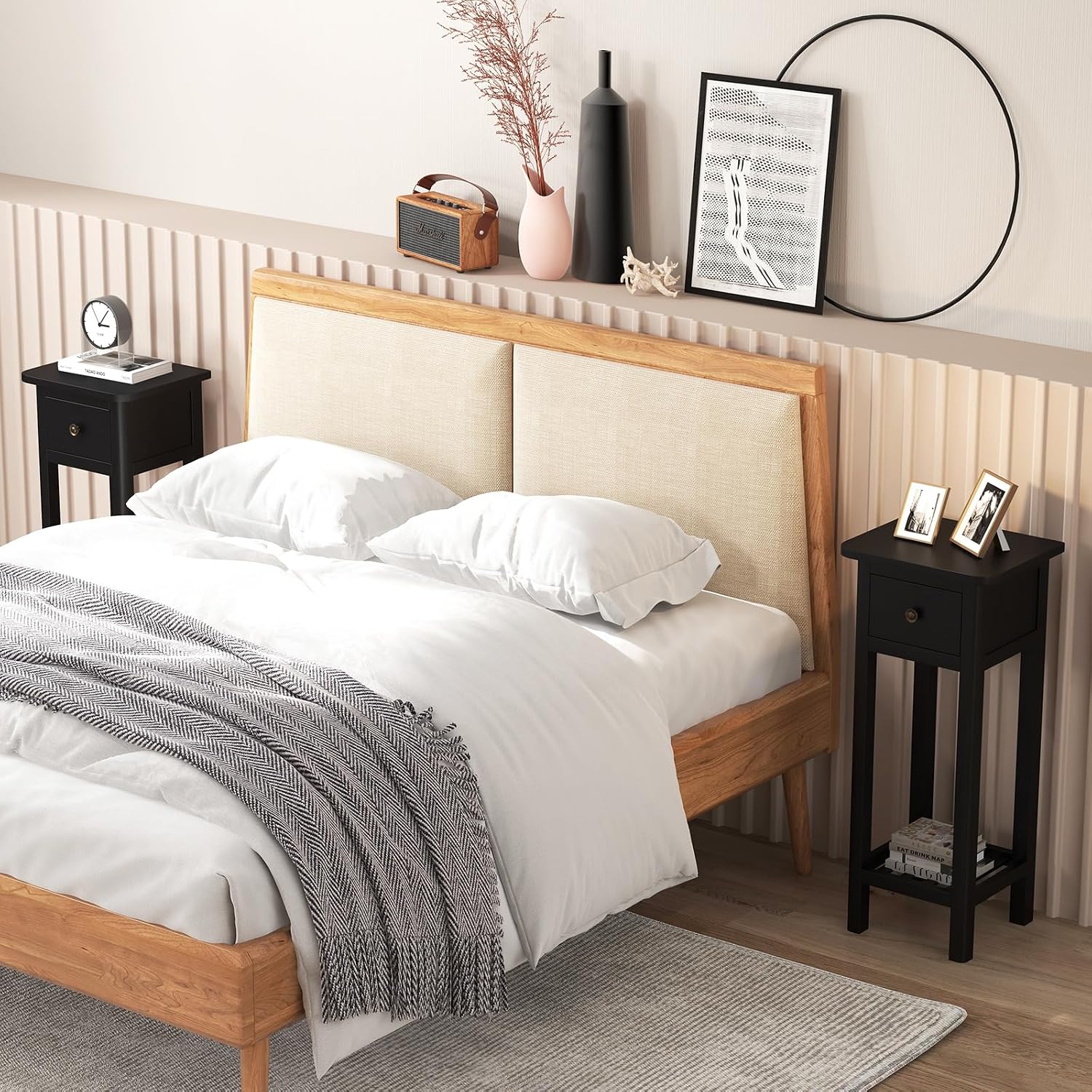 Tangkula 2-Tier Narrow Side Table with Drawer, Acacia Wood Tall End Table for Small Spaces, Farmhouse Slim Bedside Table with Open Shelf, Nightstand for Living Room, Bedroom, No Assembly (2, Black)
