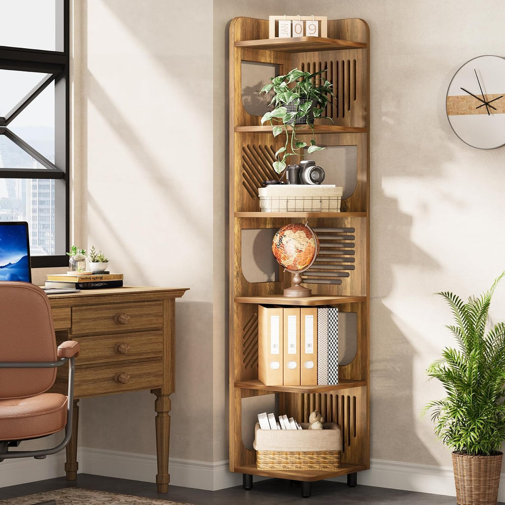 Tribesigns 6-Tier Tall Corner Shelf, 71-Inch Rustic Narrow Corner Bookshelf Bookcase with Square Rack, Freestanding Corner Display Storage Shelf Organizer for Living Room, Kitchen, Office, Yellow