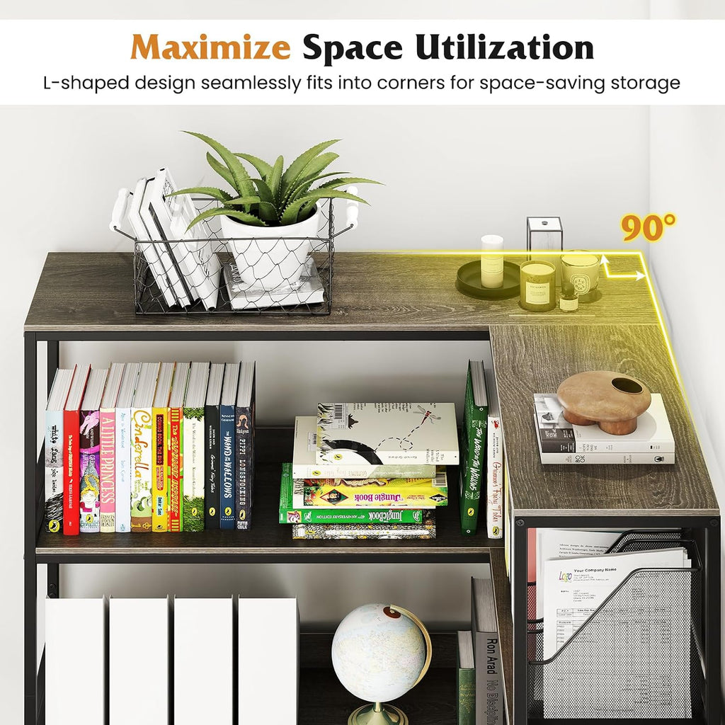 Tangkula Large Corner Bookshelf, 90 Degrees 5-Tier Industrial Wood Open Corner Bookcase for Small Spaces, Heavy-Duty Metal Frame, 71'H L-Shaped Storage Display Rack for Living Room (Oak)