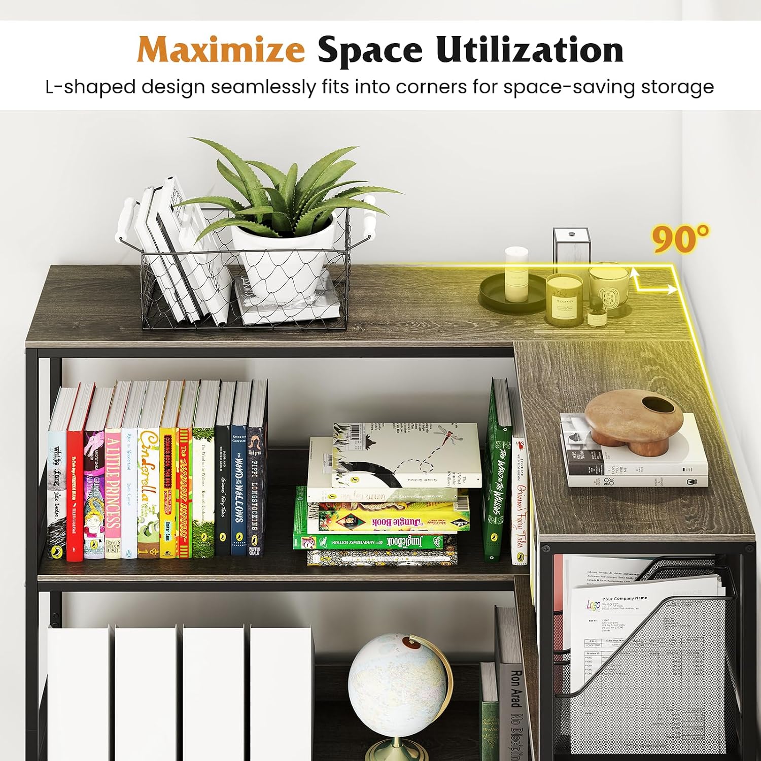 Tangkula Large Corner Bookshelf, 90 Degrees 5-Tier Industrial Wood Open Corner Bookcase for Small Spaces, Heavy-Duty Metal Frame, 71'H L-Shaped Storage Display Rack for Living Room (Oak)