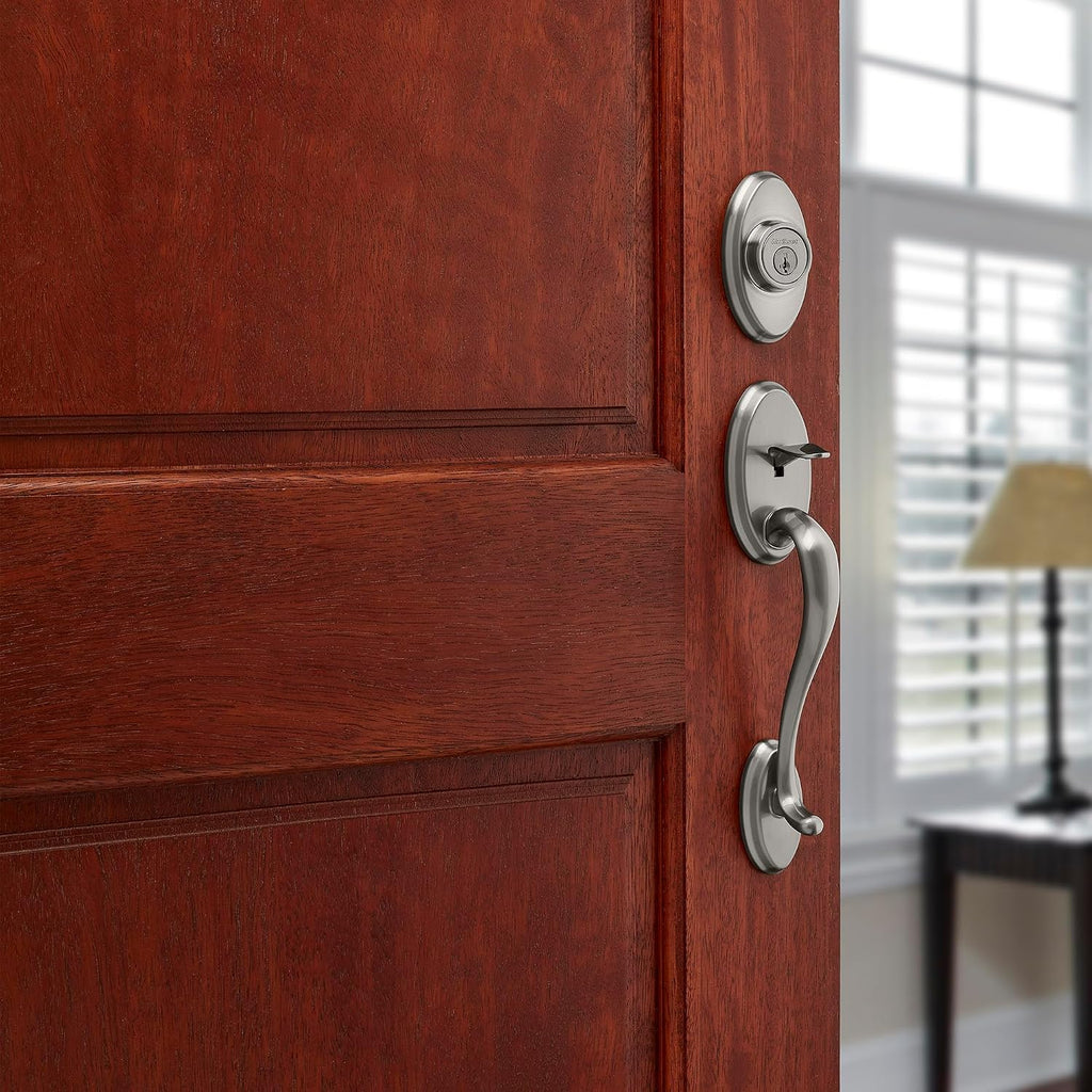 Kwikset Shelburne Front Door Lock Handle and Deadbolt Set, Entry Handleset Exterior with Interior Reversible Lever, Satin Nickel, Pick Resistant SmartKey Rekey Deadbolt Security