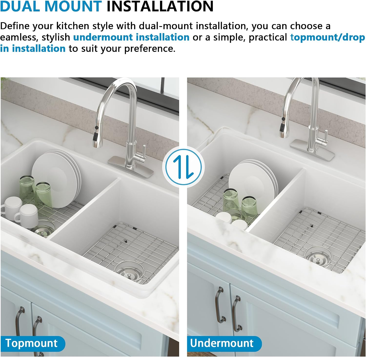32'x19' White Undermount Kitchen Sink Double Bowl - White Ceramic Porcelain Fireclay Dual Mount Double Bowl 50/50 Drop In Top Mount & Under Counter Sink Basin