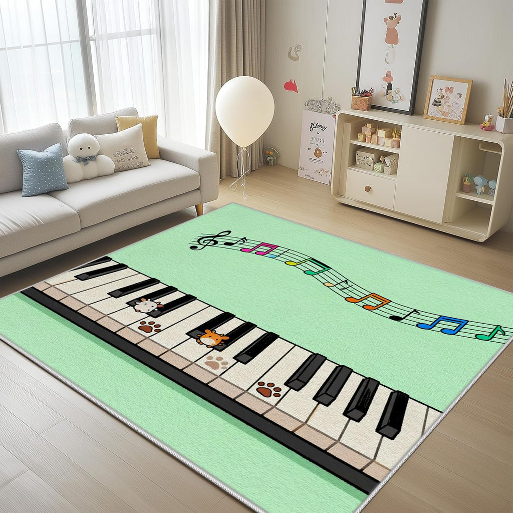Music Note Area Rug 5x8ft, Piano Keys Sheet Music Rugs for Bedroom Living Room Classroom Nursery Playroom Game Room, Cute Animal Paw Print Carpet Non Slip Washable for Boys Girls