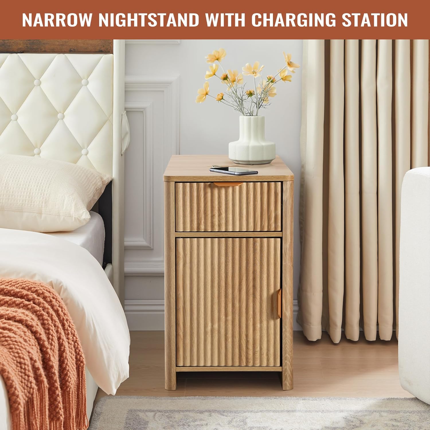 Fluted Narrow End Table with Charging Station, Boho Side Table with Drawer Storage, Small Night Stand with Power Outlets and USB Ports, Sofa Side Table for Living Room, Natural