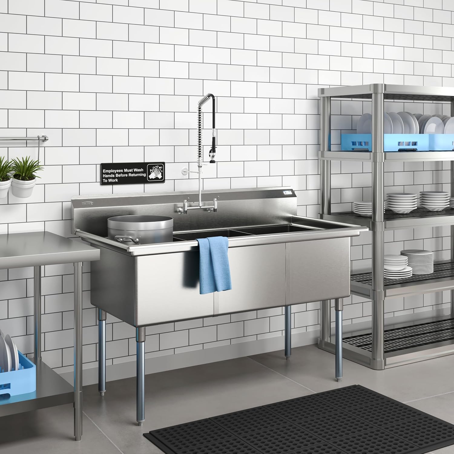 KoolMore 60 in. Three Compartment Commercial Sink, Bowl Size 18x24x14 in 18-Gauge Stainless-Steel, NSF Listed (KM-SC182414-N3)