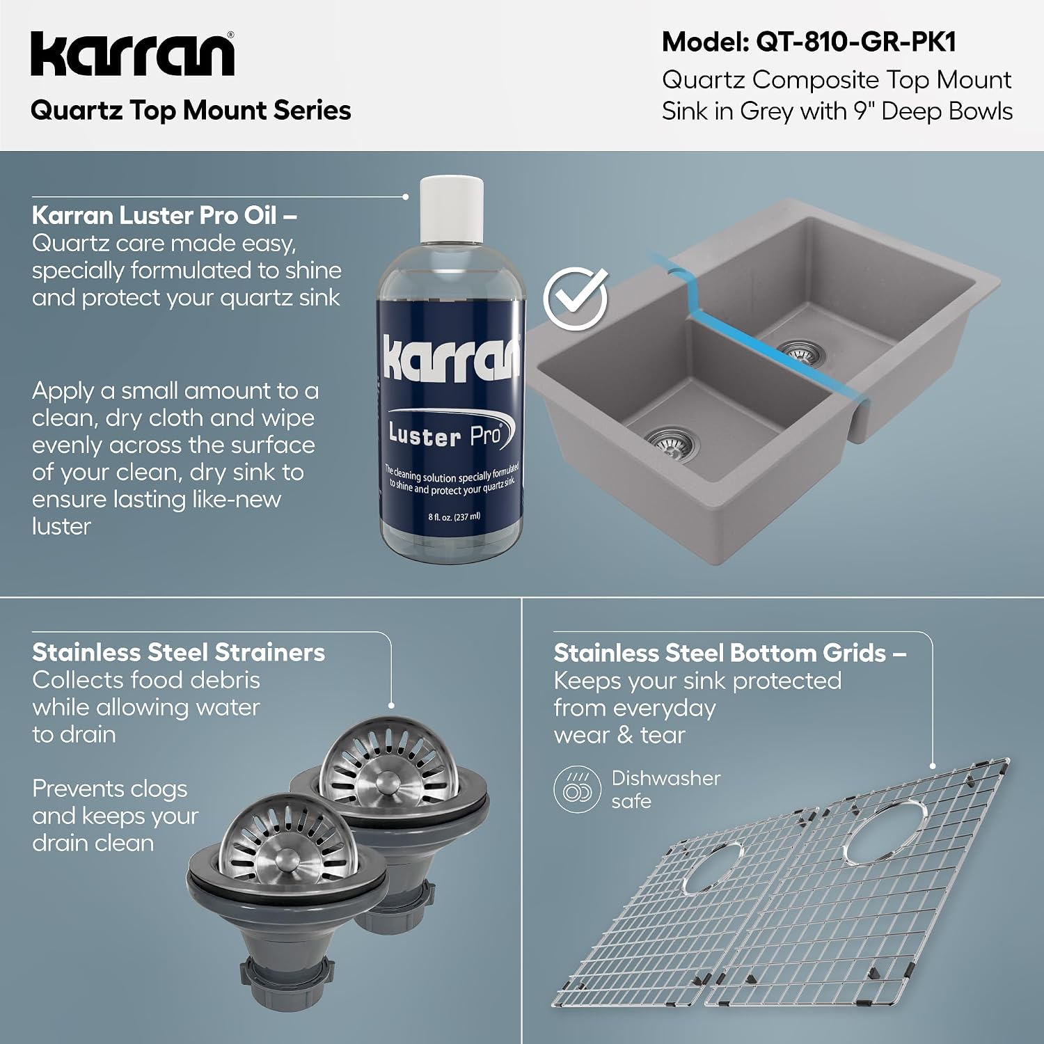 Karran QT-810 33' Top Mount Double Equal Bowl Quartz Kitchen Sink Kit in Grey
