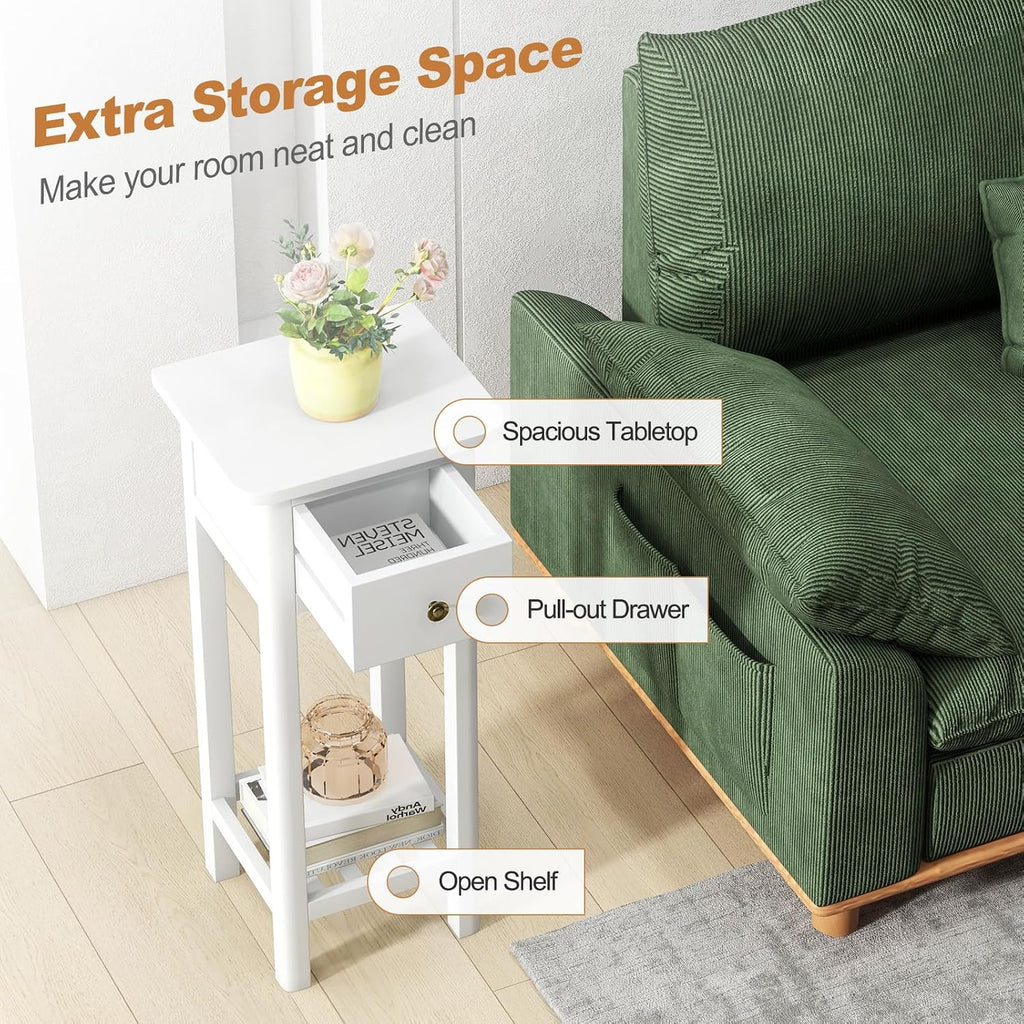 GOFLAME Narrow Side Table Set of 2, Small End Table with Drawer & Shelf, Farmhouse Acacia Wood Tall Sofa Side Table, Slim Nightstand Bedside Table for Small Space Living Room, No Assembly, White