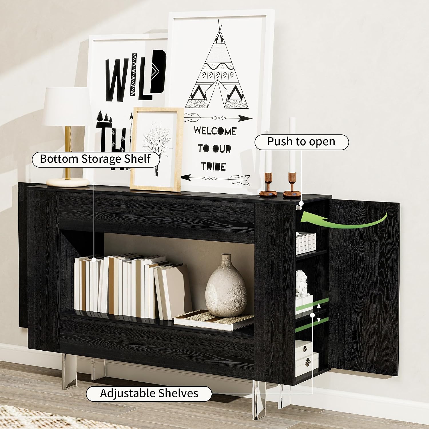 47' Narrow Console Table with Hidden Side Storage Cabinets, Adjustable Shelves, Modern Black Entryway Sofa Table for Behind The Couch, Living Room, Hallway