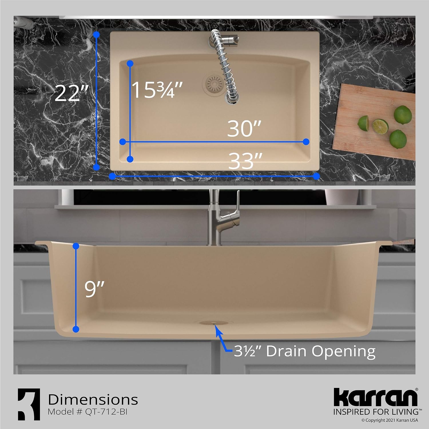 Karran QT-712 Drop-In Quartz Composite 33 in. 1-Hole Single Bowl Kitchen Sink in Bisque