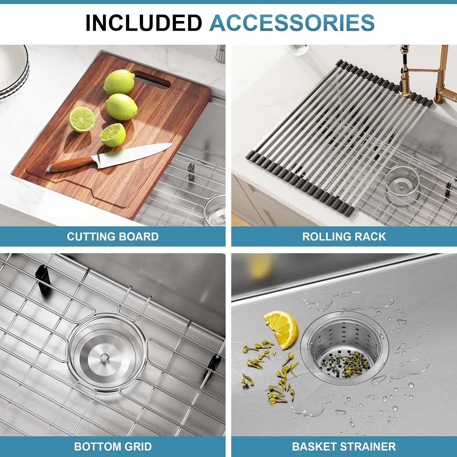 32 Inch Undermount Handmade Double Bowl Kitchen Sink, 16 Gauge 304 Stainless Steel 50/50 Spacious Deep Kitchen Sinks, Accessories Combo Included, 32' x 19' x 10'