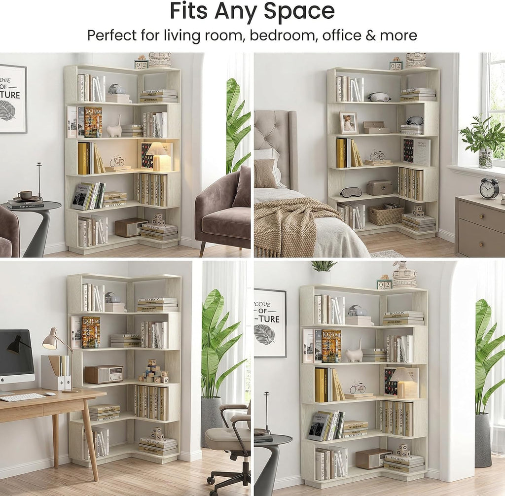 6 Tier Corner Bookshelf, Freestanding L-Shaped Wooden Bookcase with Open Shelves, Anti-Fall Panels and Anti-Tipping Device for Living Room, Home Office (White with Left Extension)