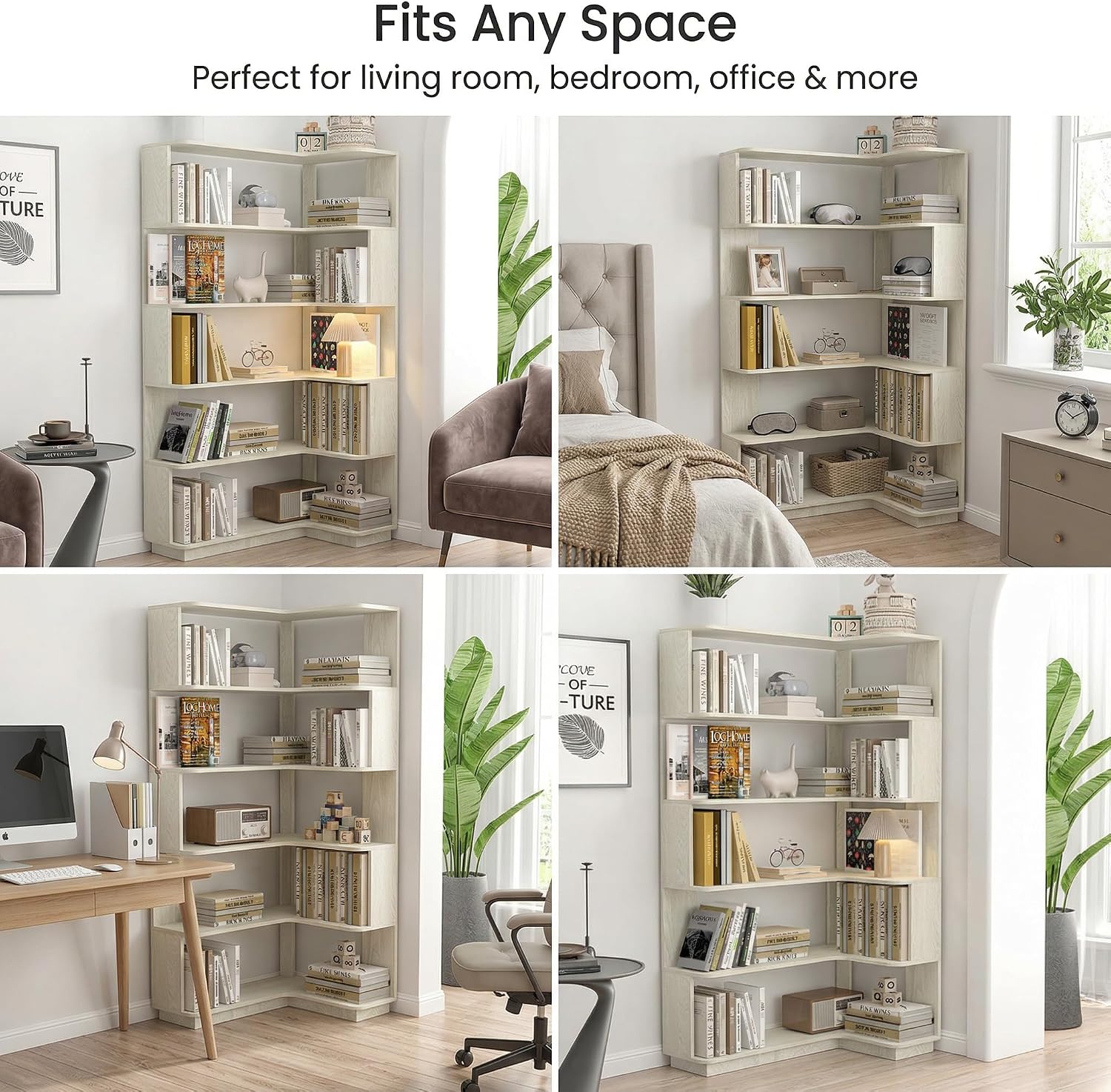 6 Tier Corner Bookshelf, Freestanding L-Shaped Wooden Bookcase with Open Shelves, Anti-Fall Panels and Anti-Tipping Device for Living Room, Home Office (White with Left Extension)