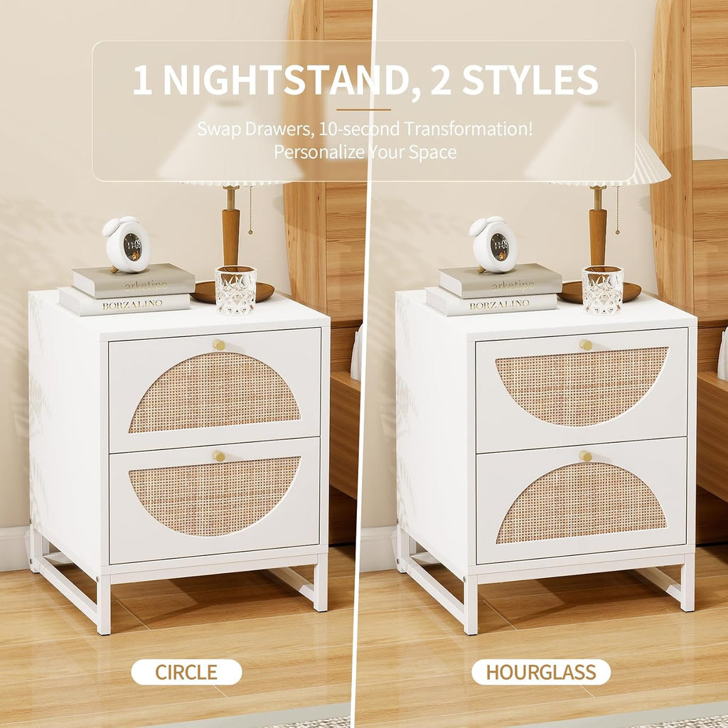 Rattan Nightstand, Boho Bedside Tables with 2 Drawer, Rustic End Table with Storage, Side Table for Living Room, Bed Room, Office, White, Set of 2