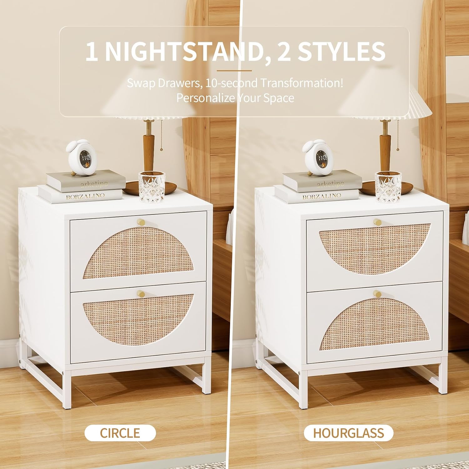 Rattan Nightstand, Boho Bedside Tables with 2 Drawer, Rustic End Table with Storage, Side Table for Living Room, Bed Room, Office, White, Set of 2