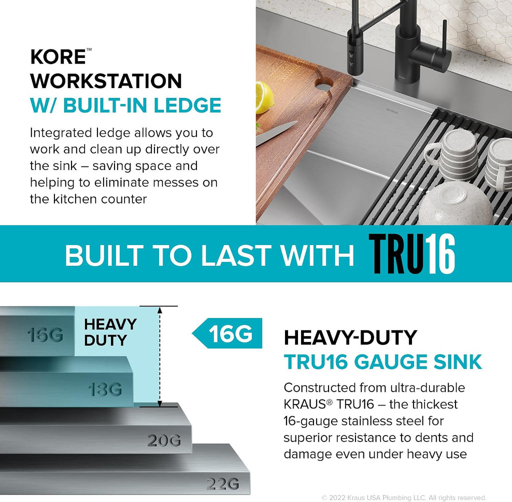 KRAUS Kore 33-in Drop-In Workstation 16 Gauge Stainless Steel Single Bowl Kitchen Sink with Accessories