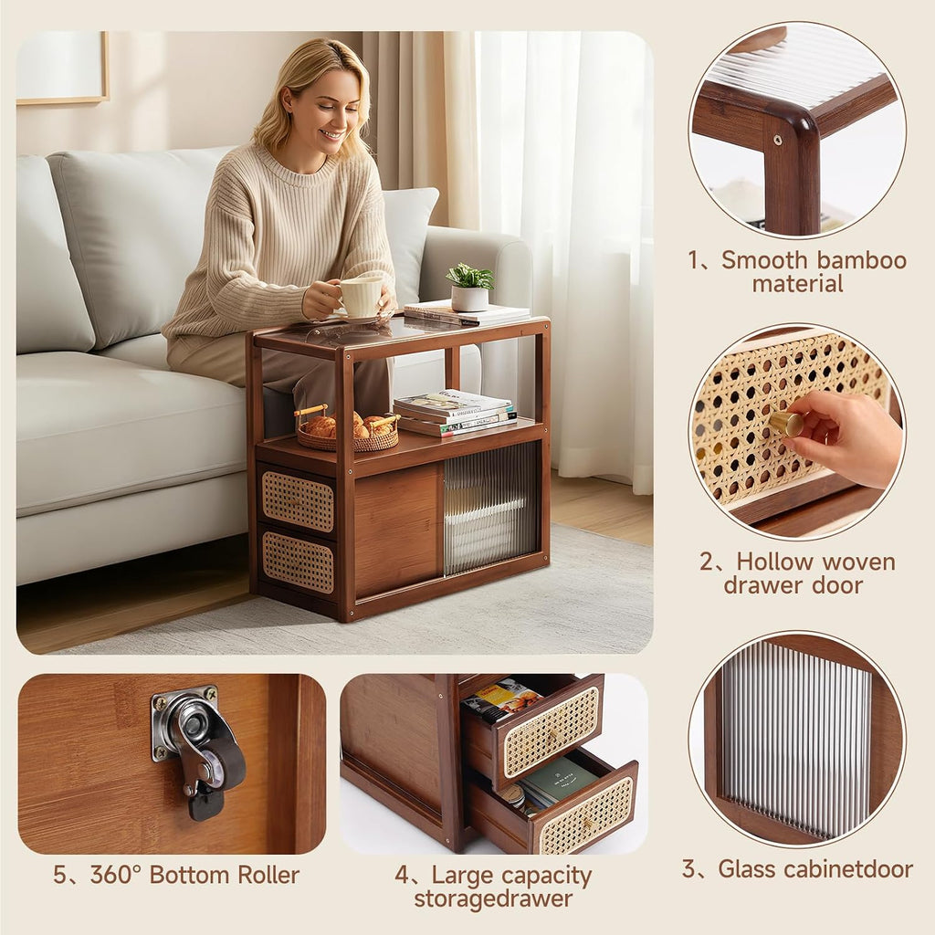 Tiita Rattan Nightstand Side Table, Bamboo Accent Bedside Tables, Glass Coffee Tables, Boho Wooden End Table with Storage for Small Space, Living Room and Bedroom