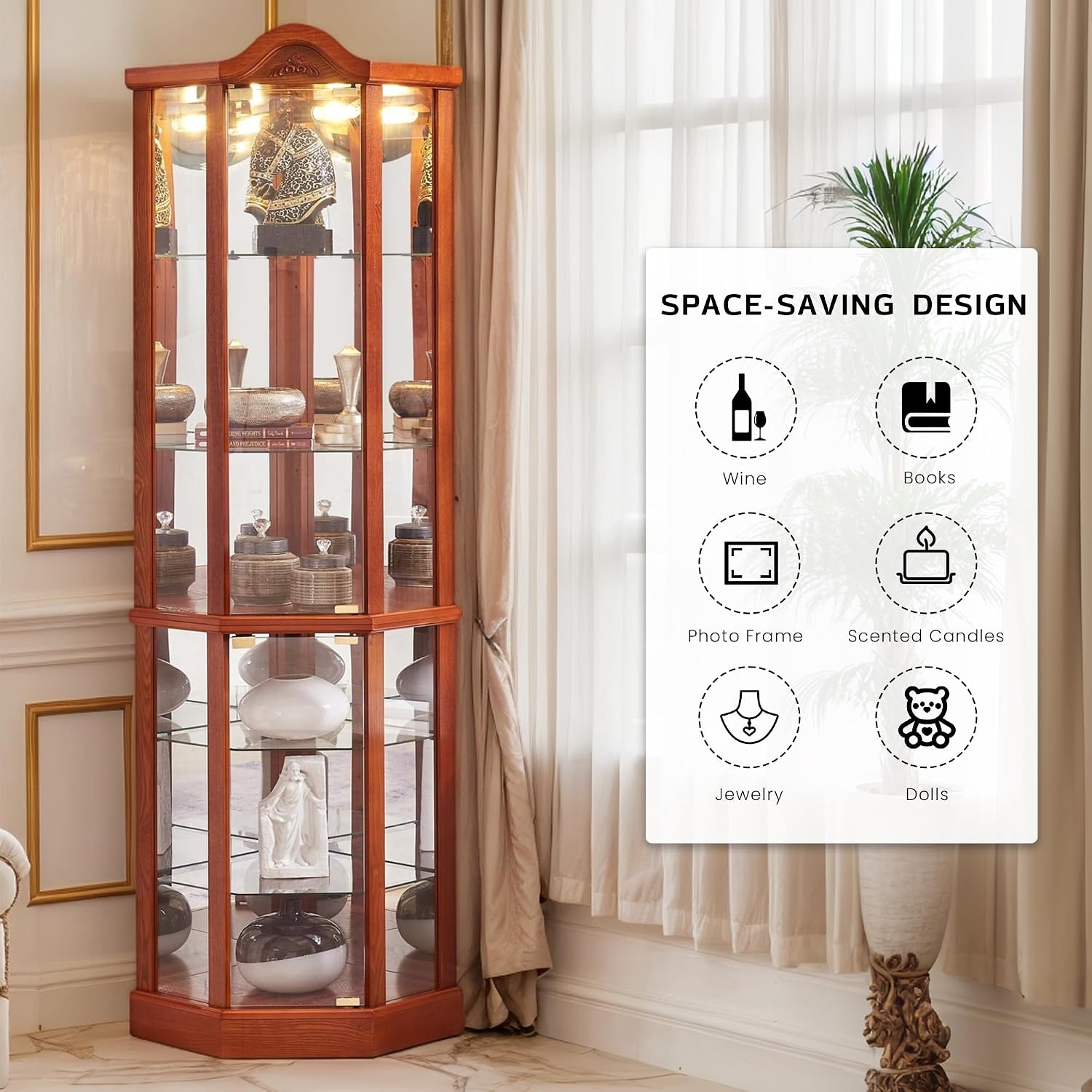 72' H Lighted Corner Curio Cabinet with Top Carvings, Tall Glass Display Case with 6 Adjustable Shelves, Freestanding Home Bar Cabinet for Liquor Storage (Oak)