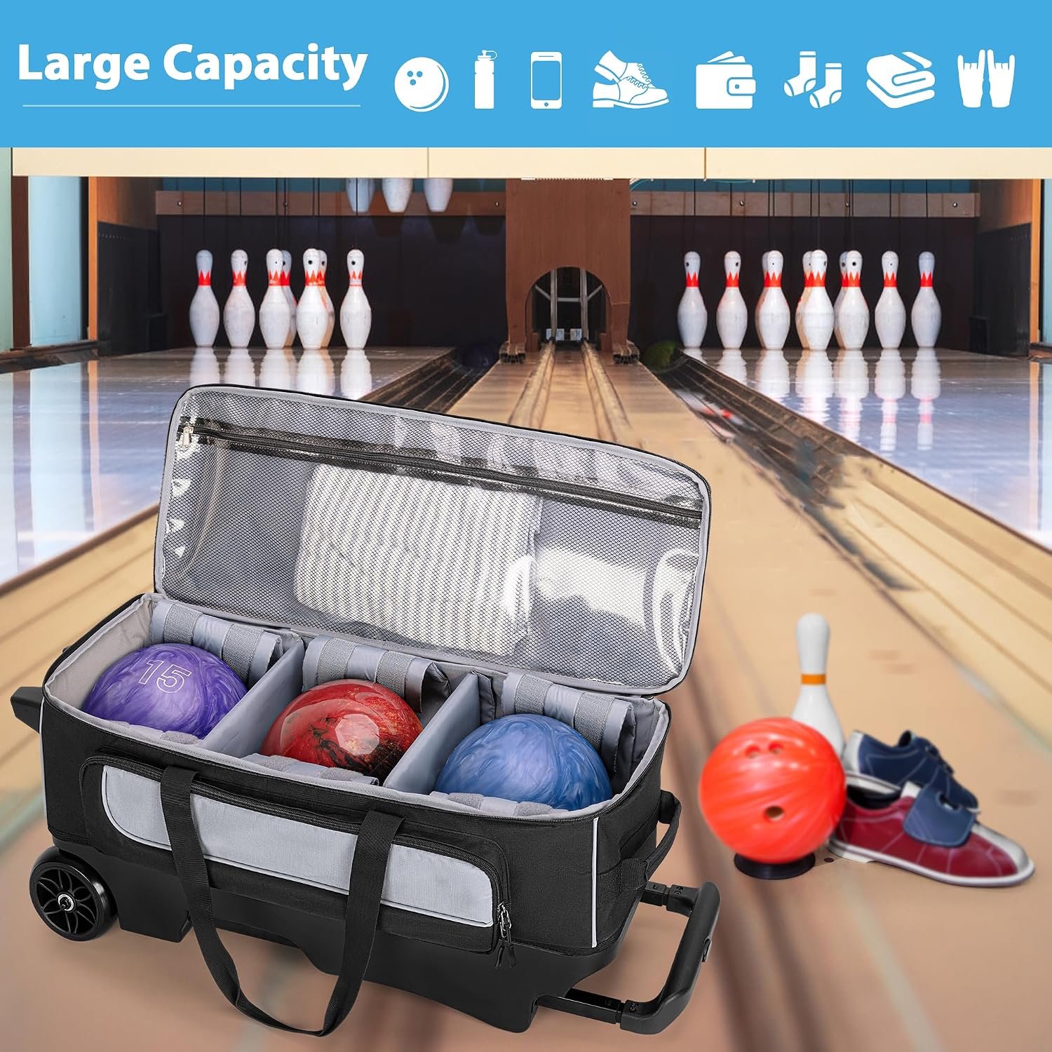 GOBUROS 3 Ball Roller Bowling Bag with Multi Accessory Pockets and Shoes Compartment, Fits 2 Pairs of Size 16 Shoes, 3 Ball Bowling Bags with Large Wheels and Retractable Handle Extends to 41.5'