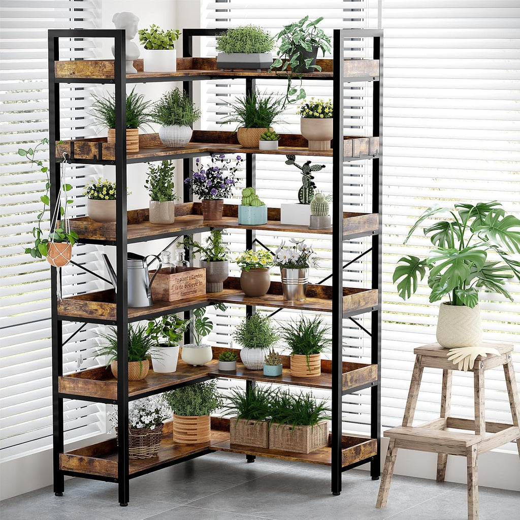 KOUSEI 6-Tier L-Shaped Reversible Corner Bookshelf, 69' Rustic Brown Industrial Wood & Metal Bookcase, Wide Open Shelves + 4 Hooks for Living Room/Bedroom/Home Office