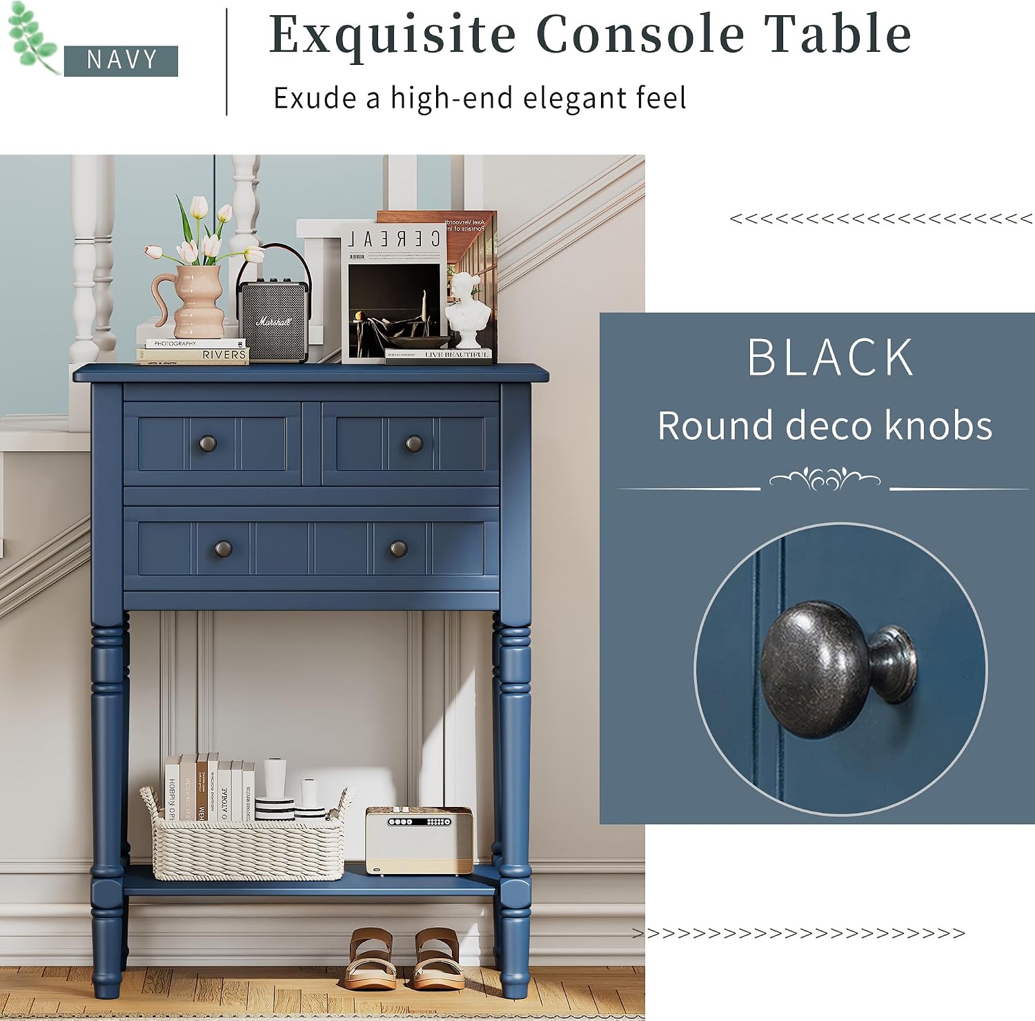 P PURLOVE Antique Narrow Console Table,Slim Sofa Entry Table with 3 Storage Drawer for Living Room,Entryway
