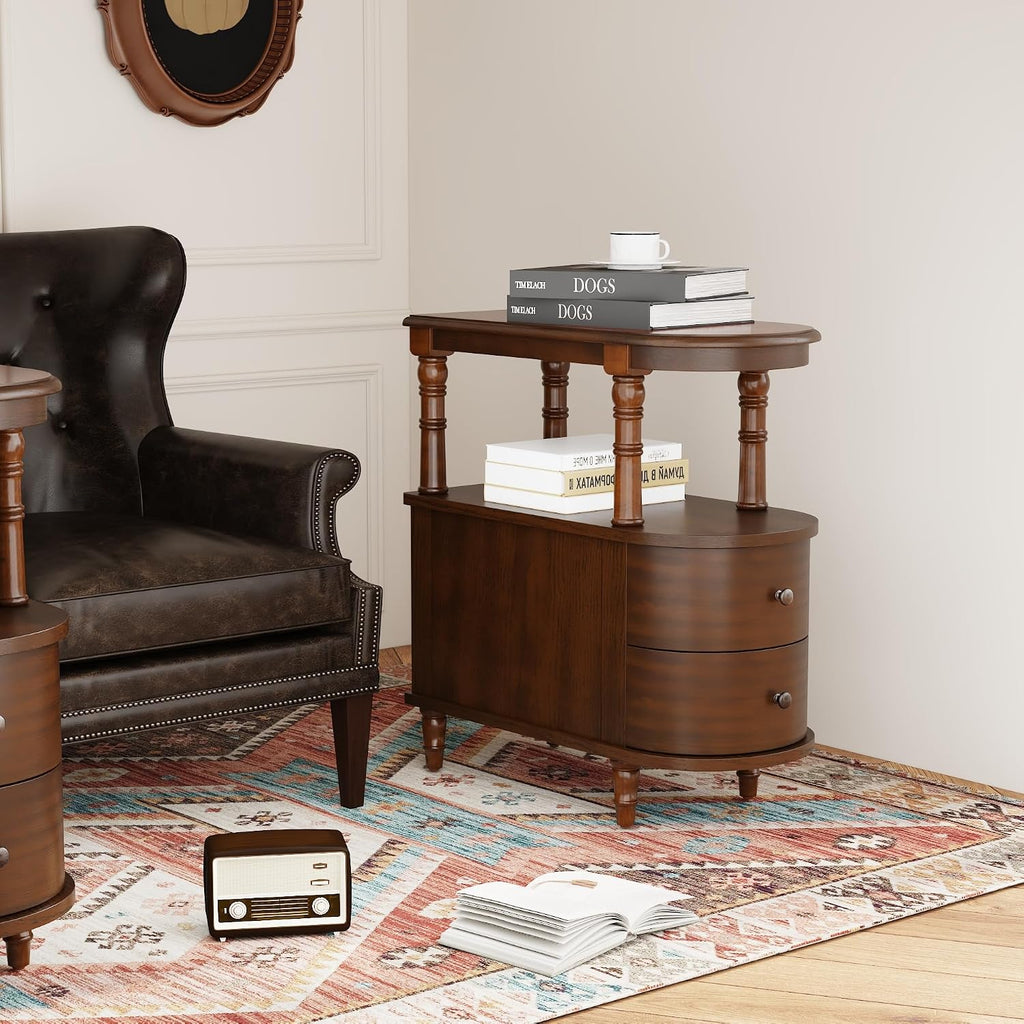 LEEMTORIG Set of 2 Narrow Side Table with Drawers, Vintage Slim Solid Wood End Table Nightstand, Mid-Century Modern 2-Tier Bedside Table for Bedroom Living Room, Cherry Brown BG-A508-CY