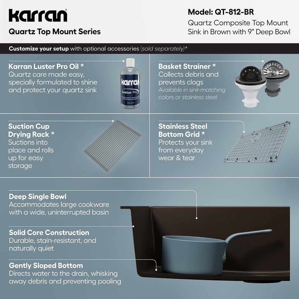 Karran 33' Drop-In Top Mount Quartz Composite Single Bowl Kitchen Sink in Brown – Extra Deep 9' Basin, Heat Resistant, Sound Dampening, Easy Clean Surface