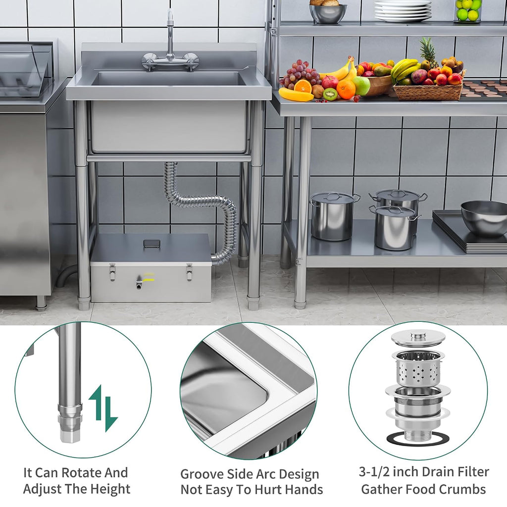 YITAHOME 29in Utility Kitchen Sink Free Standing Single Bowl with Pipe NSF Stainless Steel Commercial Sink for Laundry Room Bathroom Farmhouse Garage Indoor Outdoor