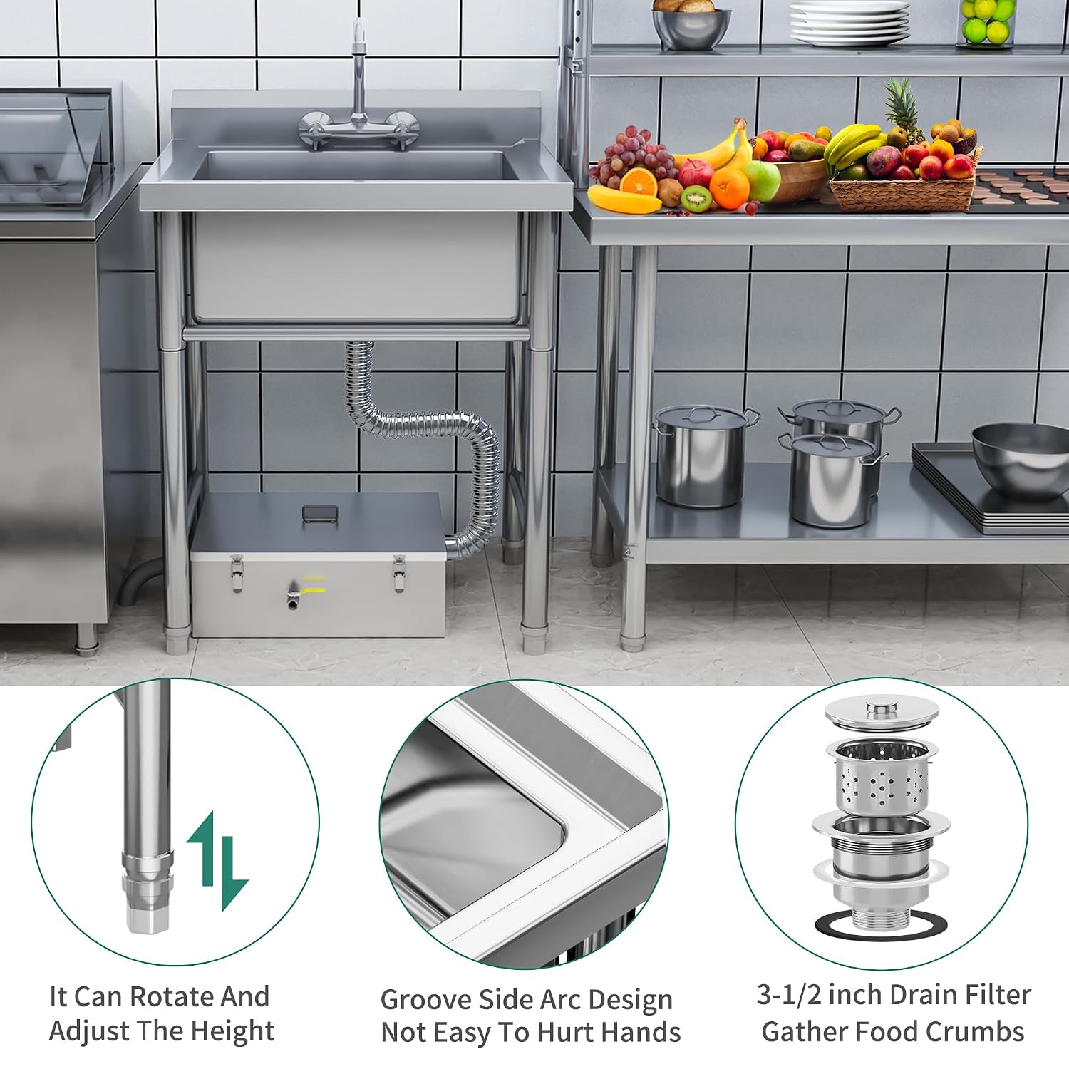 YITAHOME 29in Utility Kitchen Sink Free Standing Single Bowl with Pipe NSF Stainless Steel Commercial Sink for Laundry Room Bathroom Farmhouse Garage Indoor Outdoor