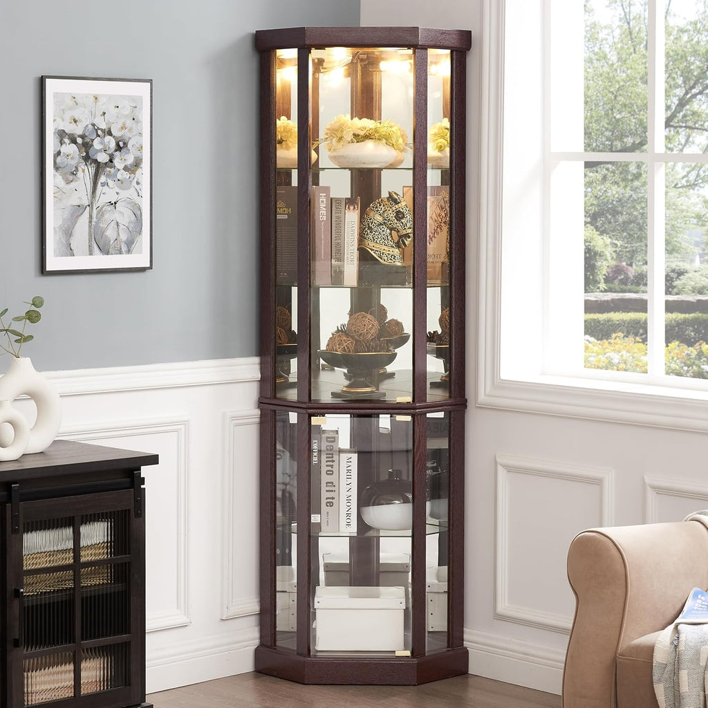 69' H Lighted Corner Display Cabinet, Curio Corner Glass Cabinet w/Adjustable Shelves & Glass Door, 5-Tier Wooden Storage Display Case w/Mirrored Back Pane for Living Room