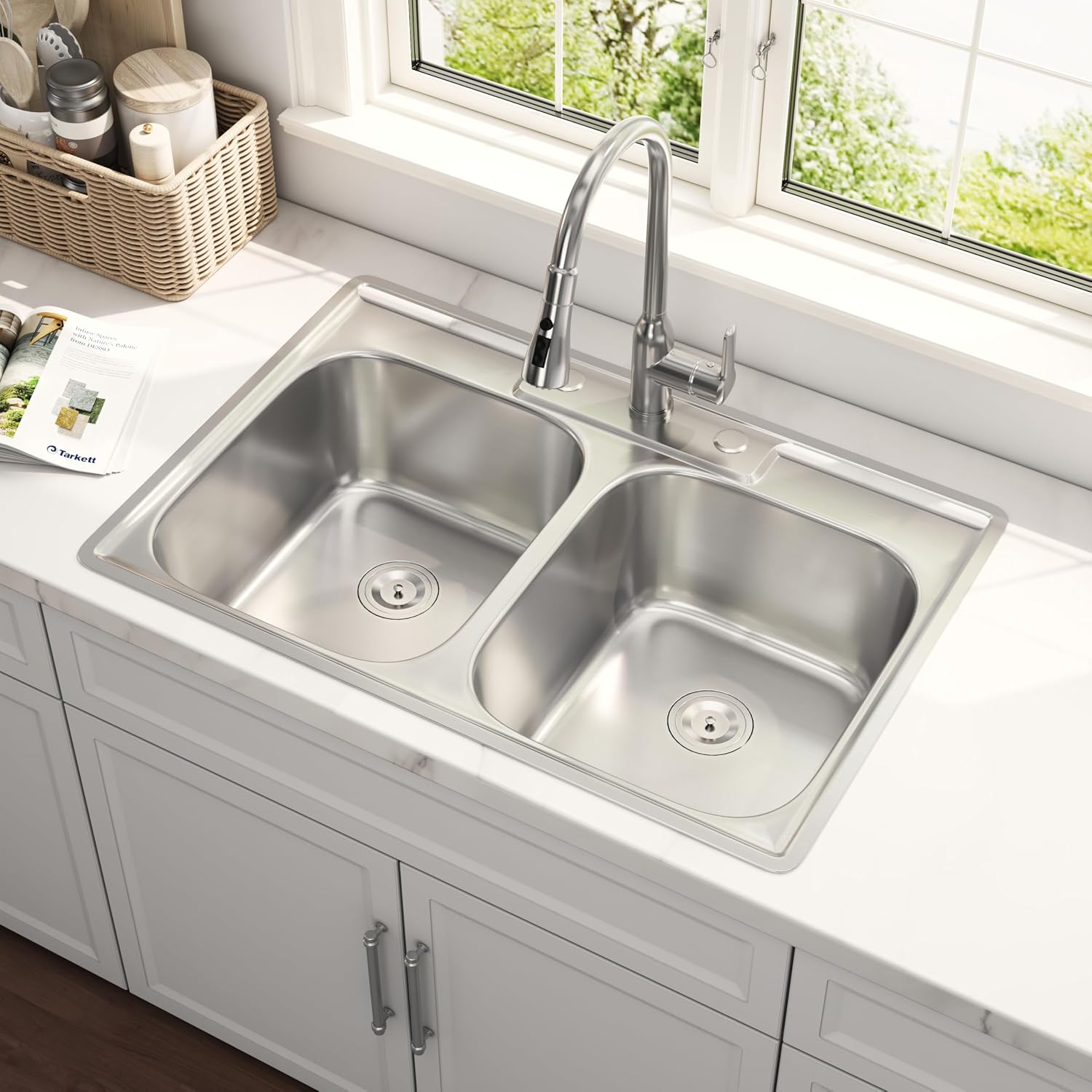 33x22 Double Bowl Drop In Kitchen Sink 33 Inch Topmount 304 Stainless Steel 18 Gauge Curved Shape Round Corner 50/50 Sinks with Basket Strainer 33' x 22' x 9'