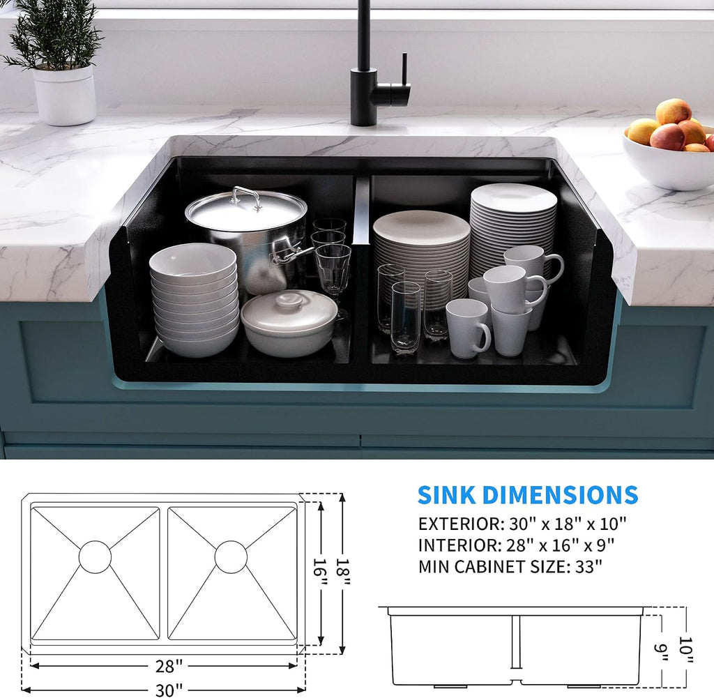 MILOSEN Black Double Bowl Kitchen Sink, 30x18 Inch T304 Stainless Steel Undermount Workstation Sink, 50/50 Double Bowl 10 Inch Deep Handmade Kitchen Sinks, Undermount Black Sinks with Accessories