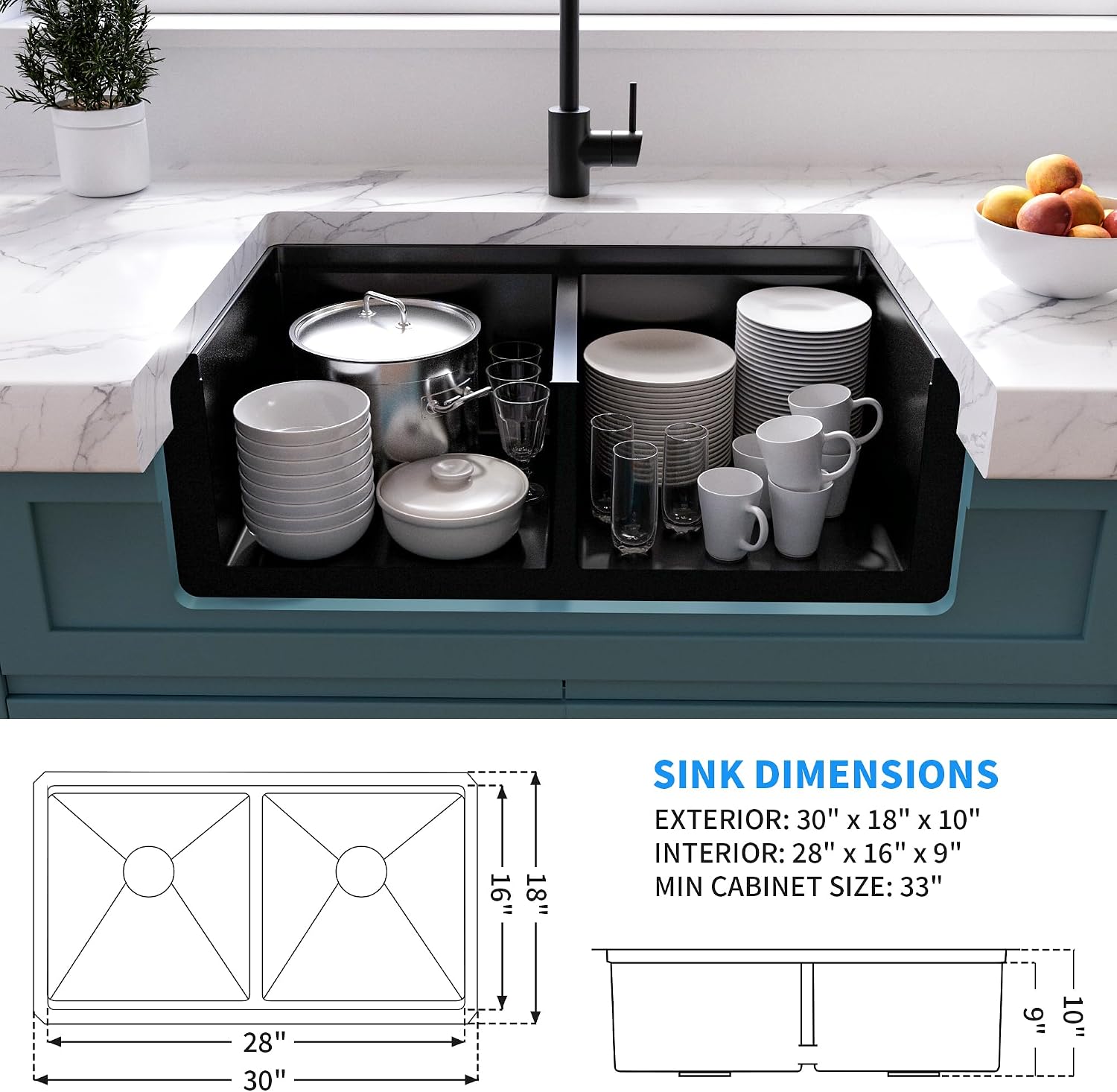 MILOSEN Black Double Bowl Kitchen Sink, 30x18 Inch T304 Stainless Steel Undermount Workstation Sink, 50/50 Double Bowl 10 Inch Deep Handmade Kitchen Sinks, Undermount Black Sinks with Accessories