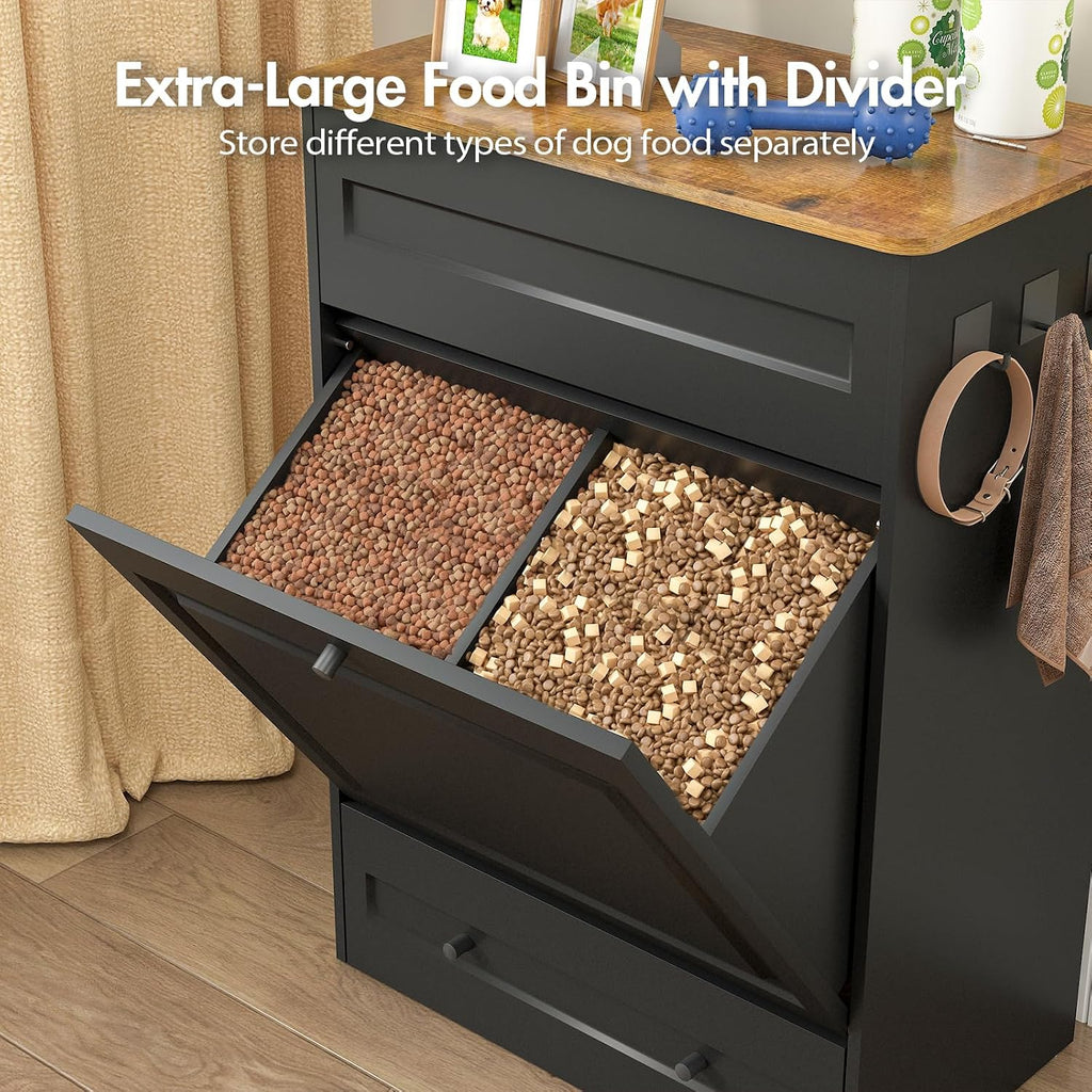 Elevated Dog Feeding Station with Storage Cabinet, 5.3' Pull-Out Hidden Bowls, Dog Food Organizer for Medium Large Dogs with Slow Feeder, Stainless Steel Bowls & Side Hooks (Black)