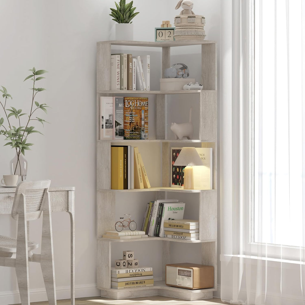 GDFStudio 64.6' Tall L-Shaped Corner Bookshelf, 6-Tier Freestanding Corner Shelf Bookcase with Anti-Drop Panels, Wooden Open Back Display Shelves Organizer for Living Room Bedroom Office, Light Gray