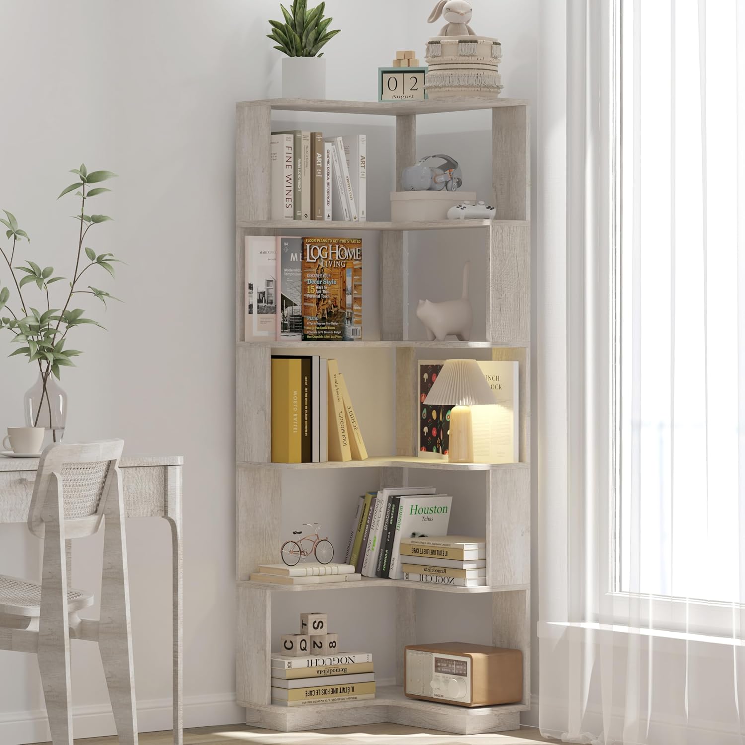 GDFStudio 64.6' Tall L-Shaped Corner Bookshelf, 6-Tier Freestanding Corner Shelf Bookcase with Anti-Drop Panels, Wooden Open Back Display Shelves Organizer for Living Room Bedroom Office, Light Gray