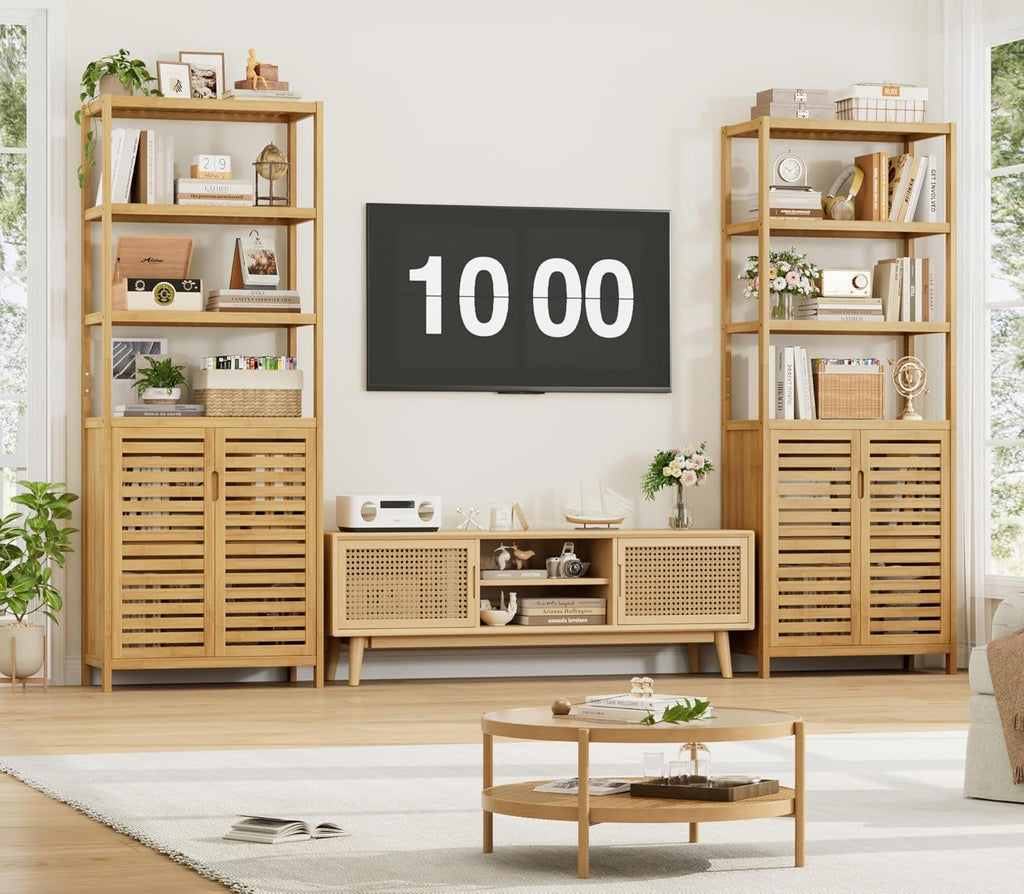 HIFIT 2 Set Tall Shelf Unit Bamboo Storage Cabinet with Doors, 5-Tier Bookshelves and Bookcases with Storage and Display, 67' Tall Cabinet w/Plant Stand for Bathroom,Living Room,Kitchen Dining,Balcony