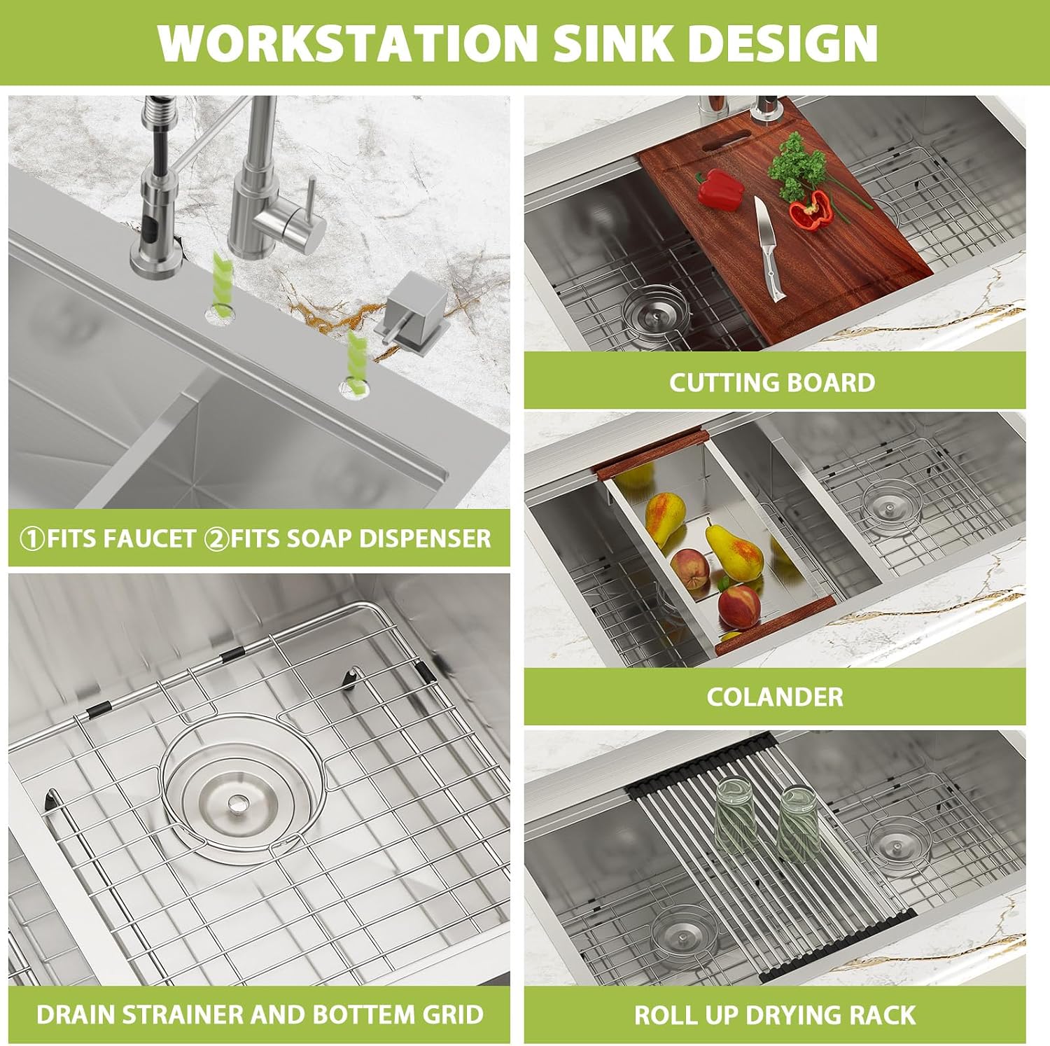 Drop In Kitchen Sink 33 Inch Workstation Double Bowl 60/40 Kitchen Sink With Lower Divider Large 304 Stainless Steel 16 Gauge Above Counter Topmount 33x22x10 Kitchen Sinks