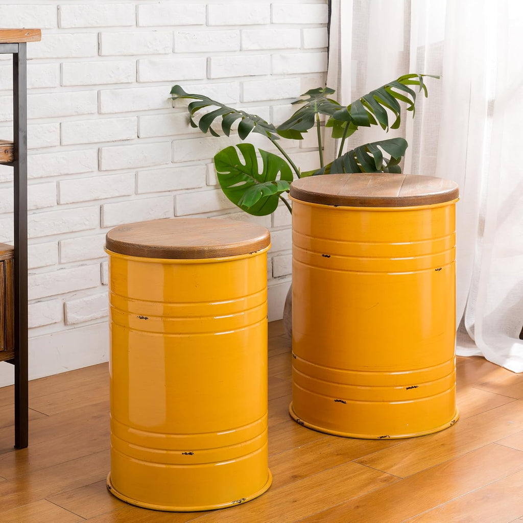 Glitzhome 4-Piece Galvanized Side Table Set, Metal Farmhouse Barrel Toy Box Bins with Round Wood Lid, Rustic Ottoman Seat Stool with Large Storage Space, for Living Room, Bedroom,Yellow