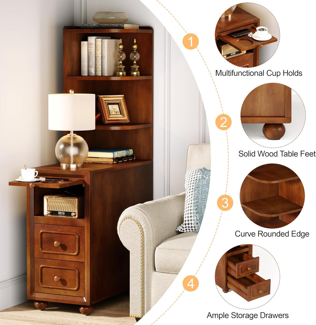 Solid Wood End Table with Drawers and Reversible Corner Shelves, Tall Narrow Side Table with Storage High Slim Chair Solid Side Table, Walnut