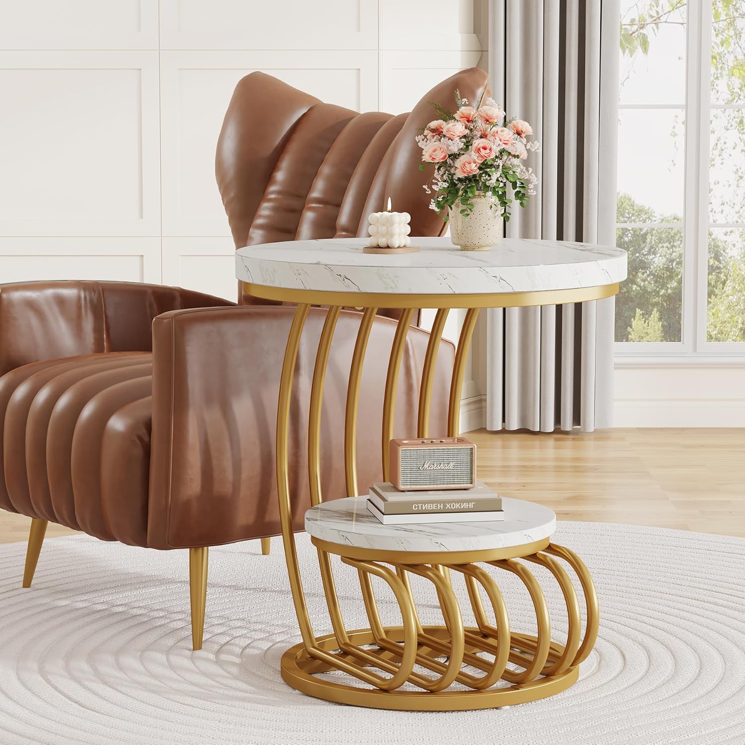 Tribesigns Gold Round End Table: 2 Tiers Side Table Set of 2 with Storage Shelf, Modern White Gold Bedside Nightstand, Metal Faux Marble Accent Table for Living Room