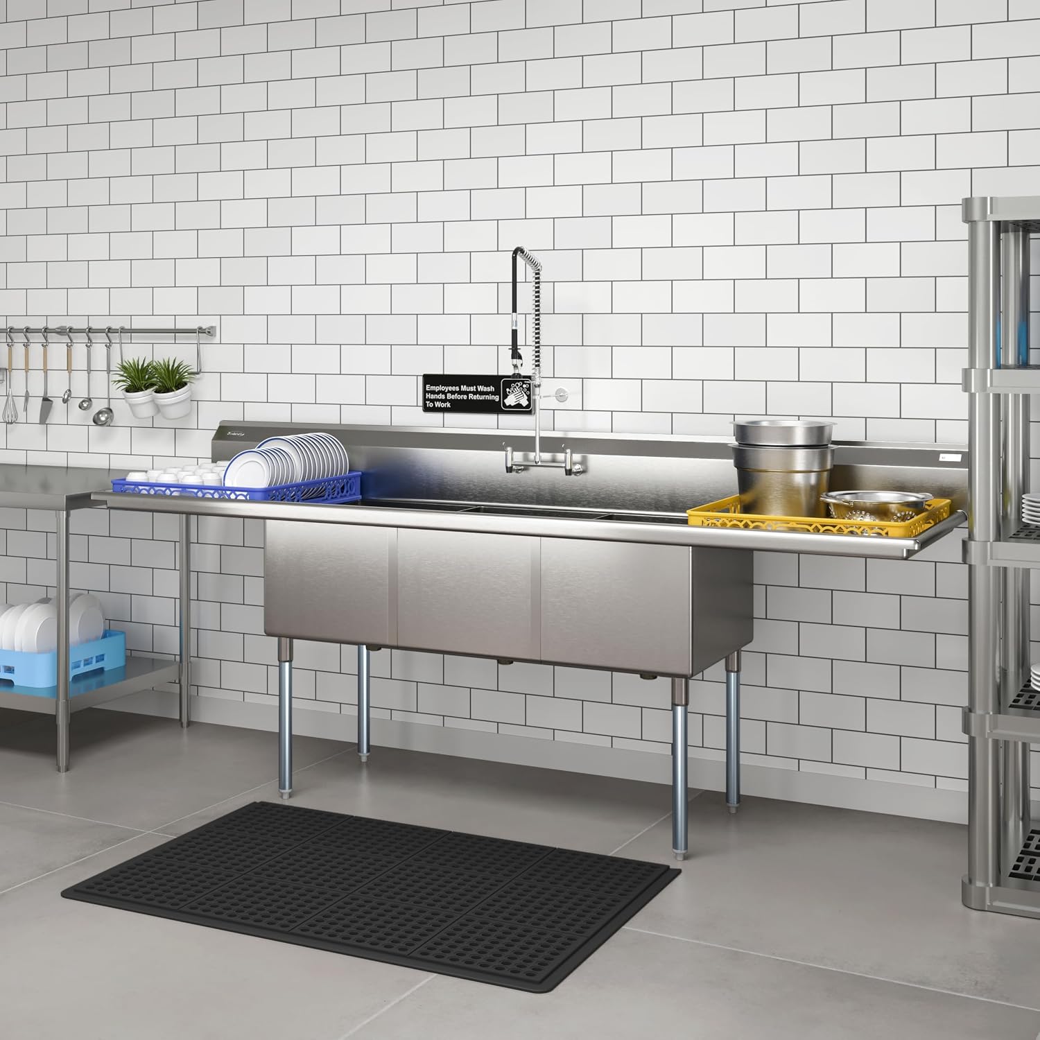 KoolMore 102 in. Three Compartment 18-Gauge Stainless-Steel NSF Commercial Kitchen Sink, Bowl Size 18x24x14, with Three Basins for Washing and Rinsing Dishes with Two Drainboards (KM-SC182414-24B3)