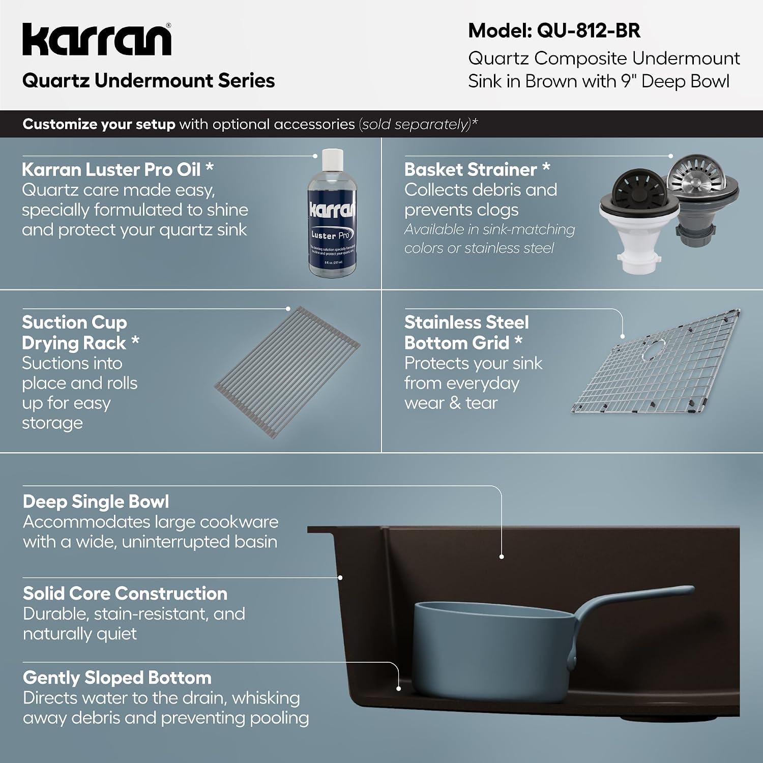 Karran Undermount 33' Large Single Bowl Granite Quartz Composite Kitchen Sink in Brown – Extra Deep 9' Basin, Heat & Scratch Resistant, Sound Dampening, Rear Drain – QU-812
