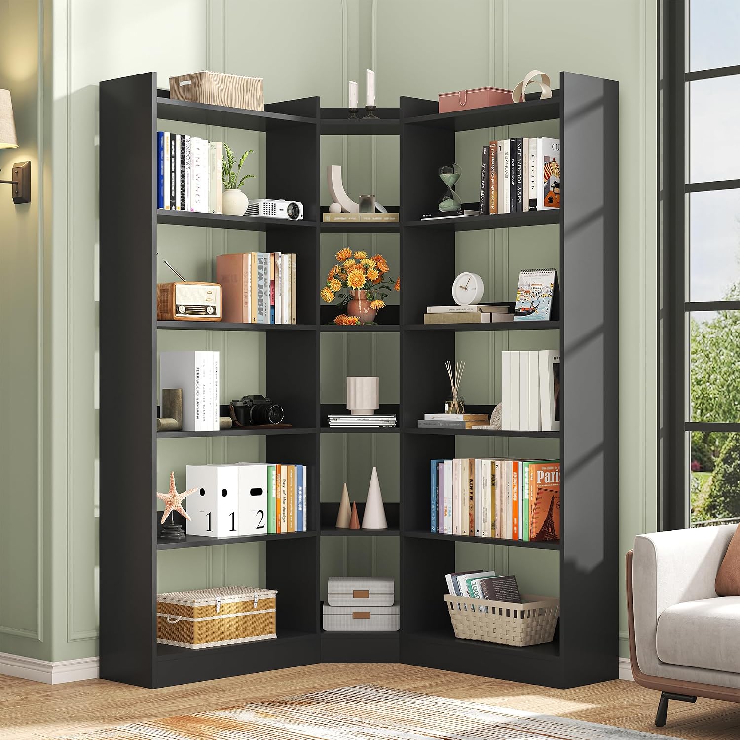 Nosepen 6 Tiers Corner Bookshelf, 63.1' Tall Modern Corner Etagere Bookcase Storage Display Rack Book Shelf with Baffle, Industrial L Shaped Bookshelves for Bedroom, Home Office, Living Room, Black