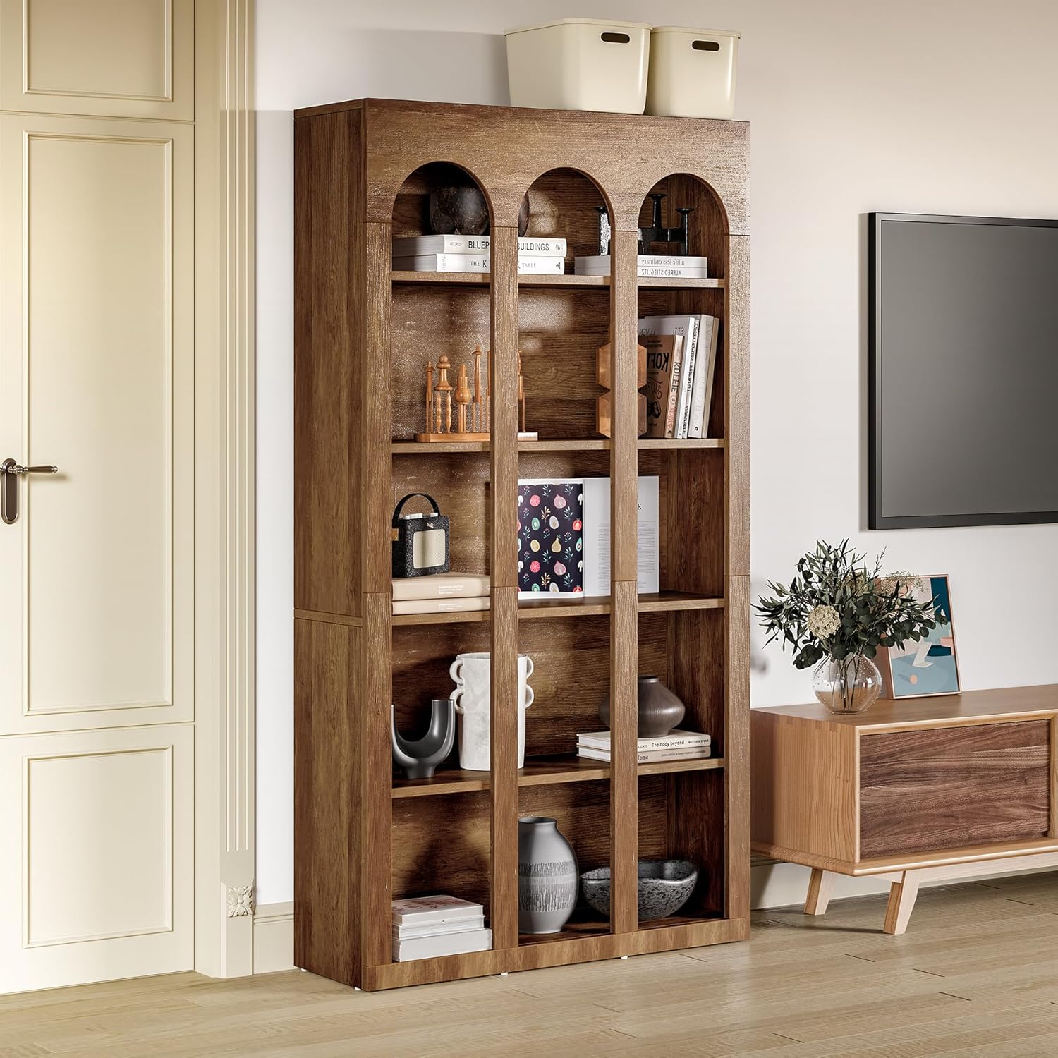 LITTLE TREE 5-Tier Bookshelf, 70.8-in Tall Bookcase with Open Shelves, Wooden Display Bookshelves and Bookcases, Vintage Display Book Shelf for Bedroom, Living Room, Office, Brown