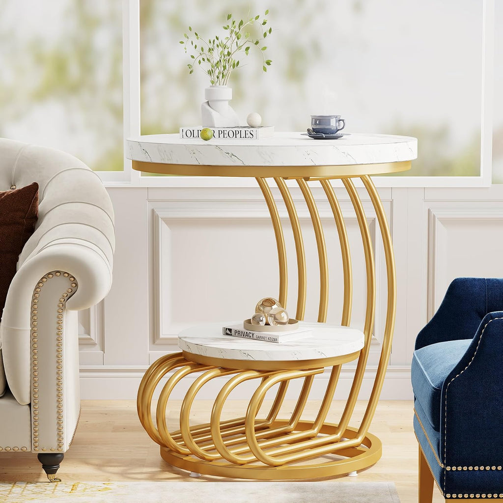 Tribesigns Gold Round End Table: 2 Tiers Faux Marble Side Table with Storage Shelf, Modern White Gold Bedside Nightstand, Metal Arc-Shaped Frame Accent Table for Living Room, Bedroom