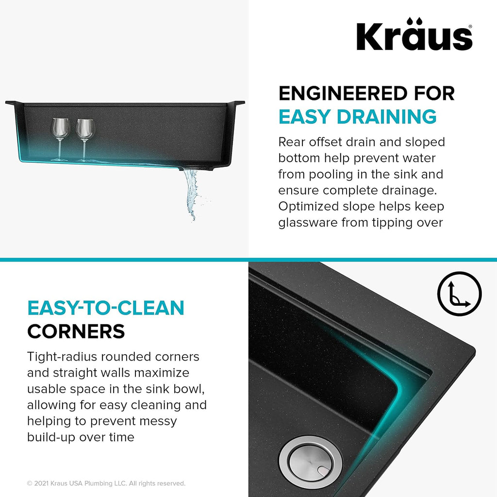 KRAUS Bellucci Workstation 33' Single Bowl Granite Kitchen Sink in Metallic Black w/Accessories, KGTW2-33MBL, Includes Dish Drainer/Dish Drying Rack