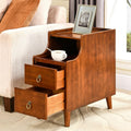 Narrow End Side Table with 2 Drawers and Pull-Out Tray, No-Tools Assembly Sofa Beside Table for Living Room, Slim Side Table with Solid Wood Legs, 11.8'W x 21.6'L x 22.9'H Caramel Brown BG-A1359-MG