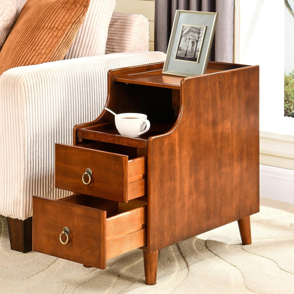 Narrow End Side Table Set of 2 with 2 Drawers and Pull-Out Tray, No-Tools Assembly Sofa Beside Table for Living Room, Slim Side Table with Wood Legs, 11.8'W x 21.6'L x 22.9'H Caramel Brown BG-A1359-MG
