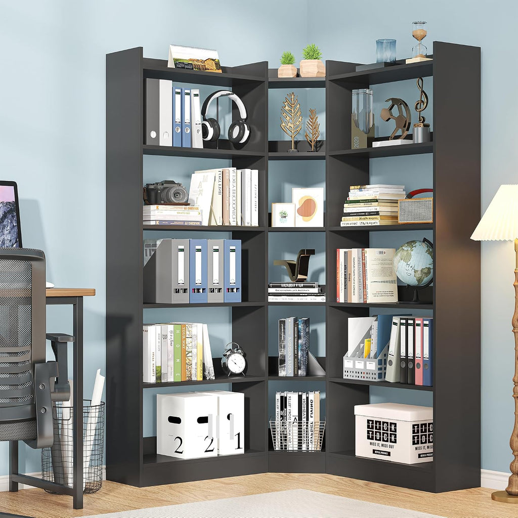 6 Tiers Corner Bookshelf and Bookcase with Baffle, 63.1' Tall Modern L-Shaped Storage Display Book Shelf Industrial Bookshelves for Bedroom, Living Room, Kitchen, Home Office, Black