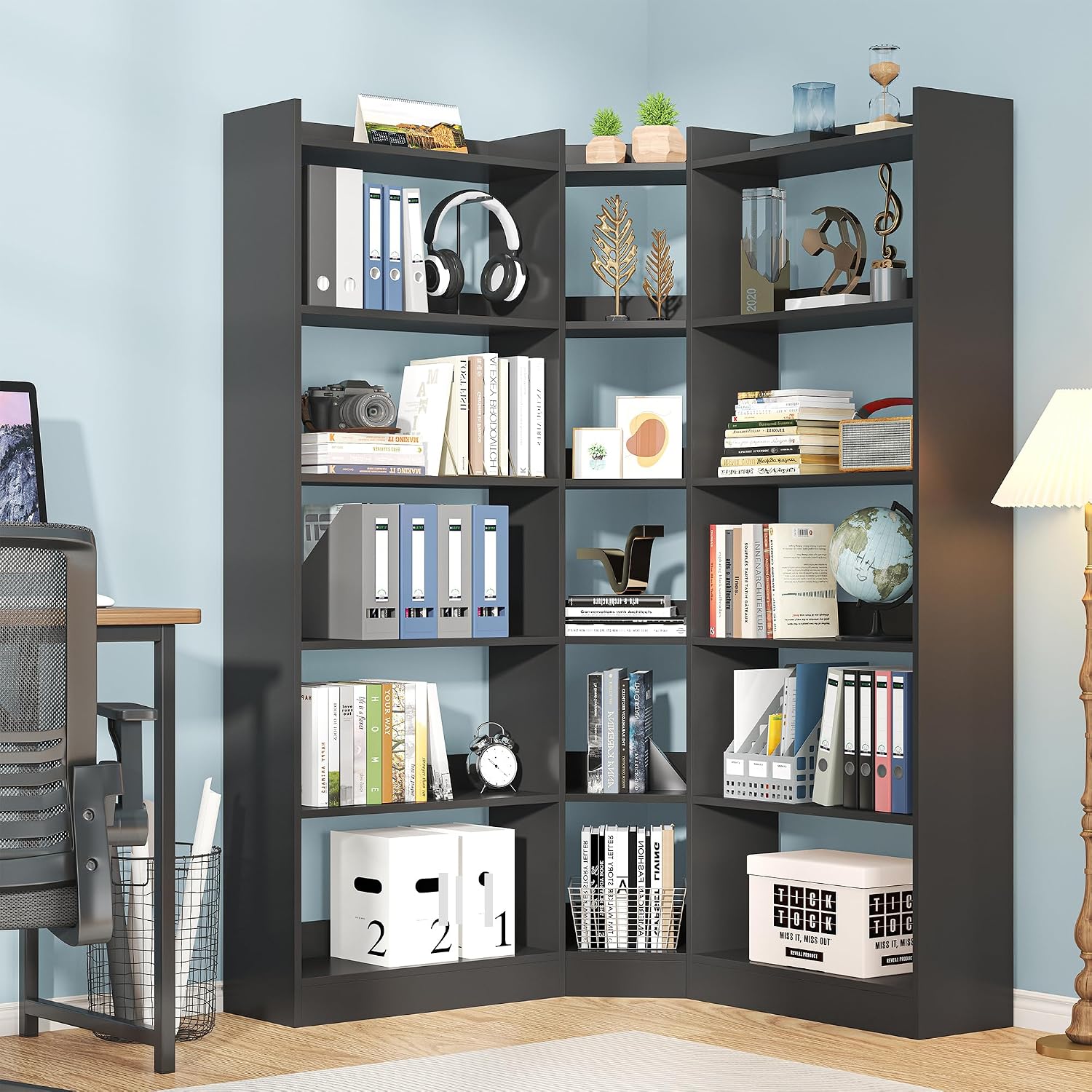 6 Tiers Corner Bookshelf and Bookcase with Baffle, 63.1' Tall Modern L-Shaped Storage Display Book Shelf Industrial Bookshelves for Bedroom, Living Room, Kitchen, Home Office, Black